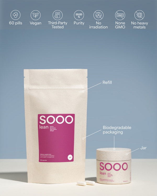 Single bottle of SOOO lean supplement by Sooo.me™ featuring berberine, spermidine, shilajit, and EGCG capsules.