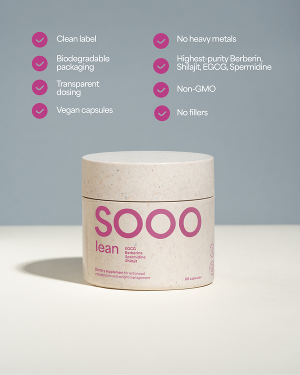Sooo.me™ SOOO lean supplement bottle featuring Berberine, Spermidine, Shilajit, and EGCG capsules on a white background.