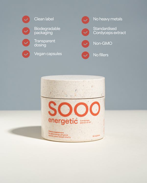 Sooo Energetic Cordyceps extract 6-8:1 supplement bottle, natural herbal extract for energy and vitality, single capsule product