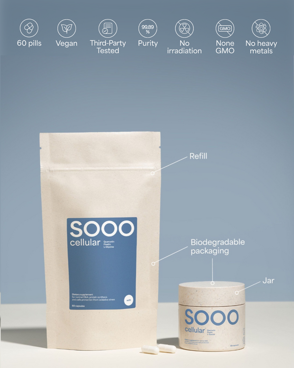 Sooo.me™ SOOO cellular supplement featuring Quercetin, Fisetin, and L-Glycine in a single capsule.