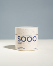 Solid SOOO Trans-Resveratrol supplement in a labeled box, showcasing the product's packaging and branding for purity and quality.